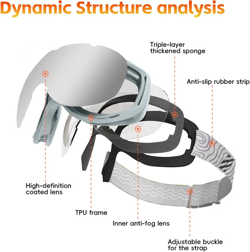 IPOA -Spherical Ski Goggles – PC Lens, TPU Frame, UV400 Protection, Anti-Fog Inner Lens, Snowboard & Skiing Eyewear - Image 4